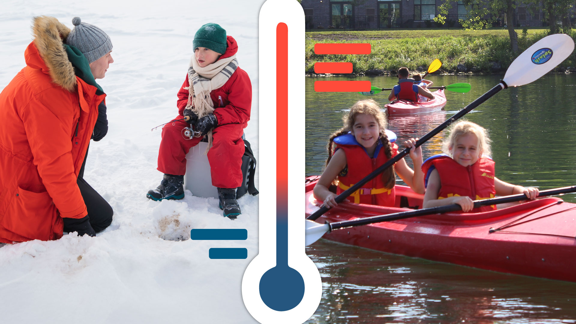 a man and son enjoying the ice; two girls in a kayak